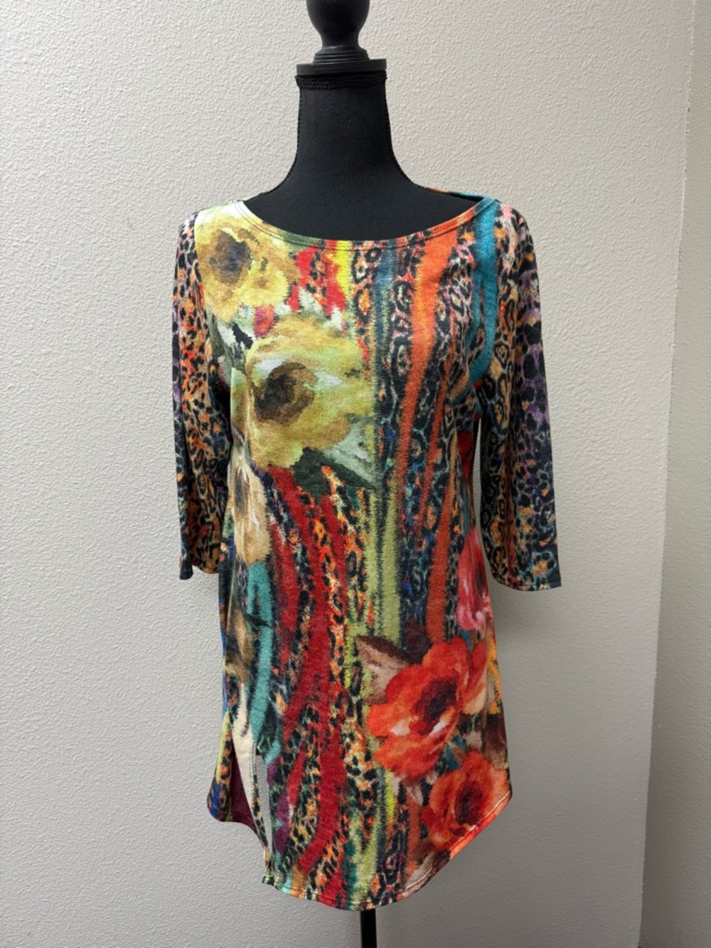 Amma Design Floral Tunic Top Large Yellow Teal Red Boho Stretch Blouse - Picture 2 of 8